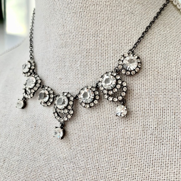 Round Gunmetal Vintage Art Nouveau Rhinestone Necklace Distressed Adjustable 20s - Picture 3 of 9